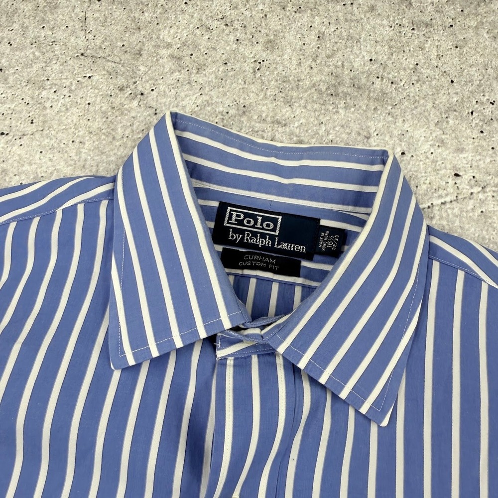Vintage Polo Ralph Lauren Curham Button Up Blue White Stripes Mens 16.5 32/33 - Picture 6 of 11